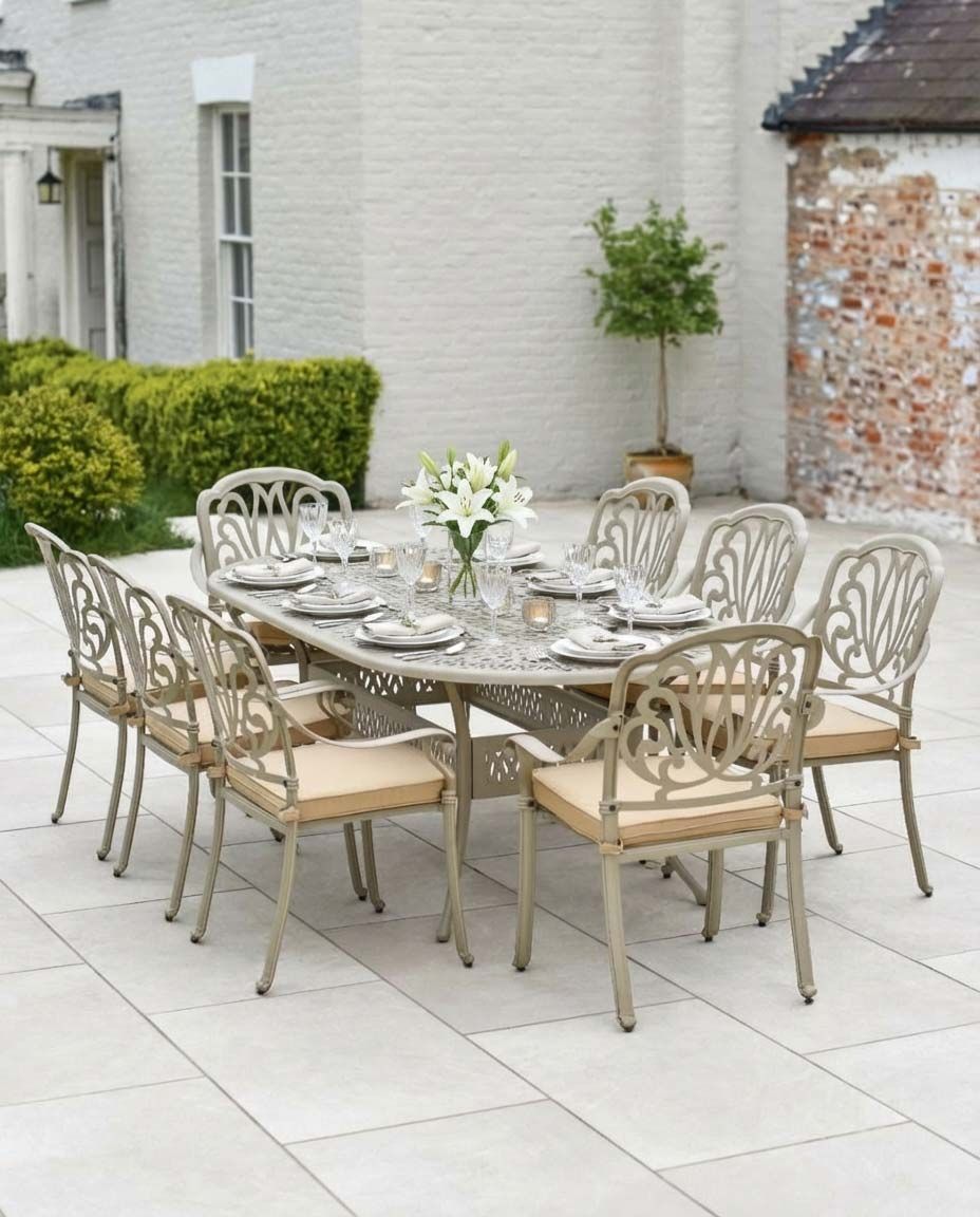 Digital Illustration of the Antique Champagne "Marianne" Eight Seater Garden Table & Chair Set Ready for Dining