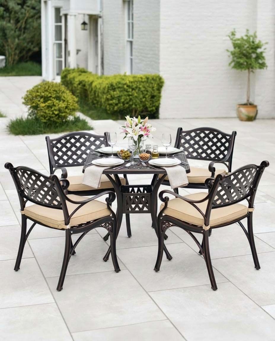 Digital Illustration of the Antique Copper "Haughton" Four Seater Furniture Set Dressed For Dining