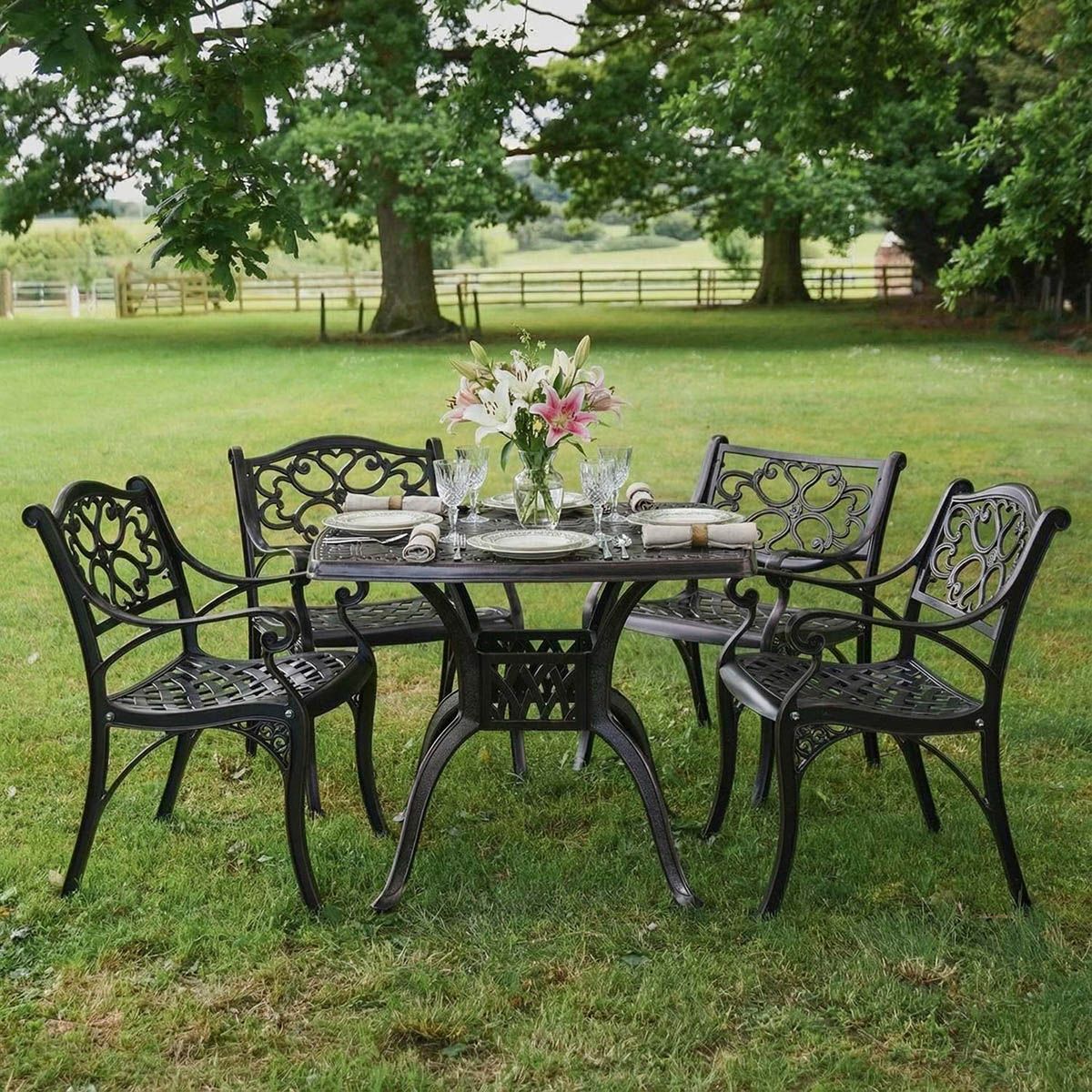 Digital Illustration of the Antique Copper "Henley" Four Seater Furniture Set Dressed for Dining
