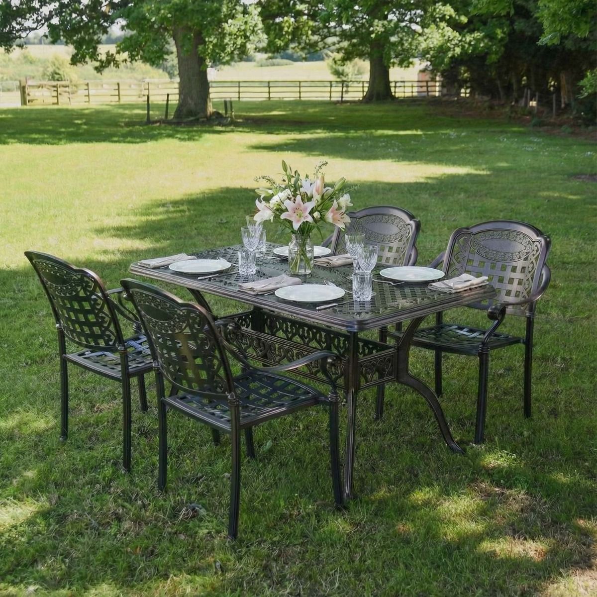 Digital Illustration of the Antique Copper "Hestercombe" Four Seater Furniture Set Dressed For Dining