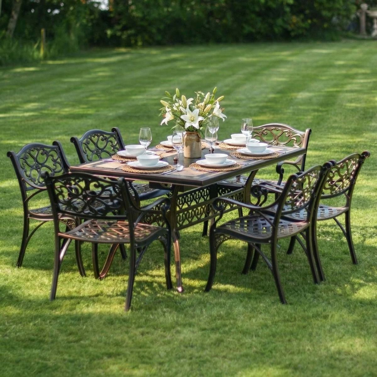 Digital Illustration of the Antique Copper "Radford" Six Seater Table & Chair Set with BBQ Grill Dressed For Dining