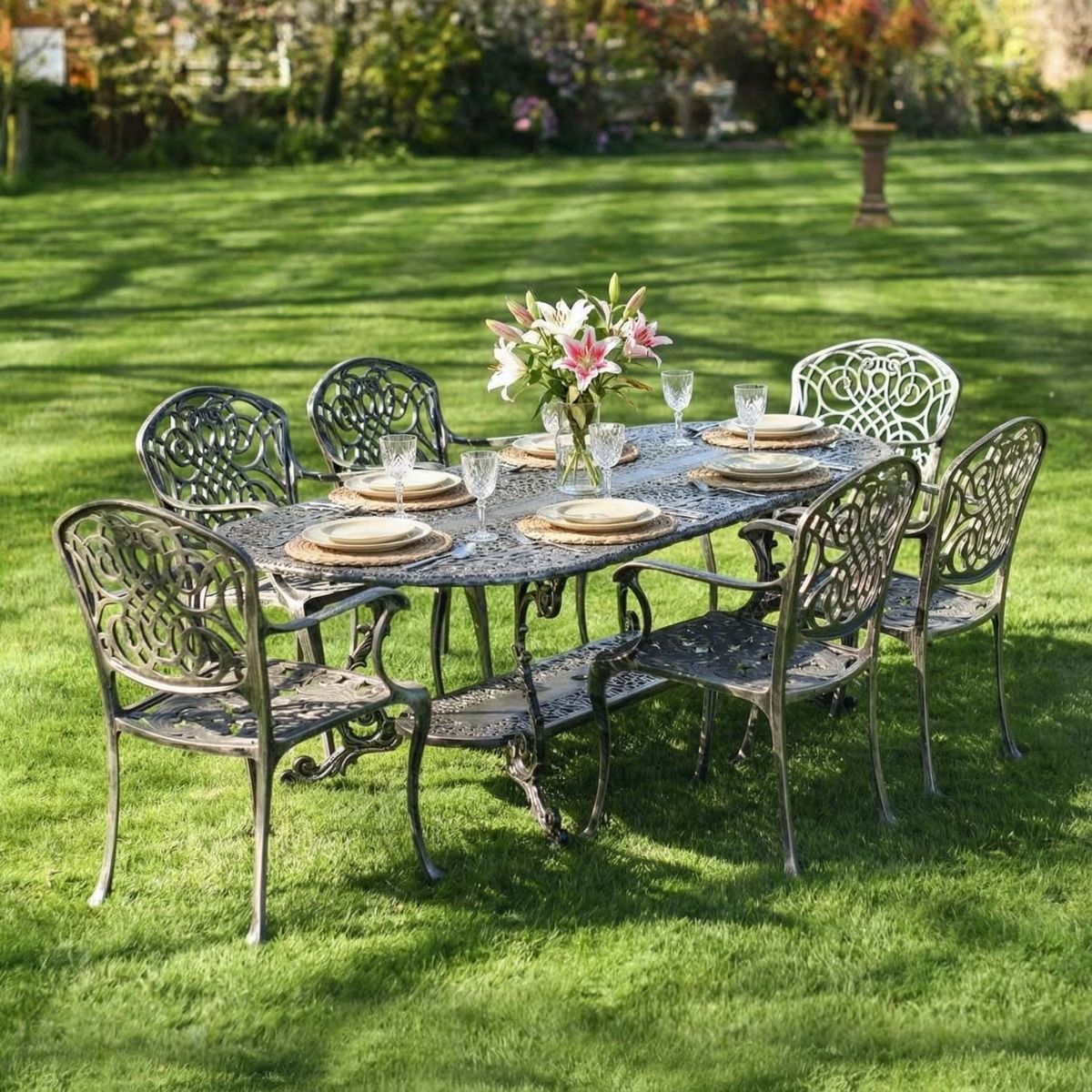 Digital Illustration of the Antique Gold "Acropolis" Six Seater Table & Chair Set Dressed For Dining