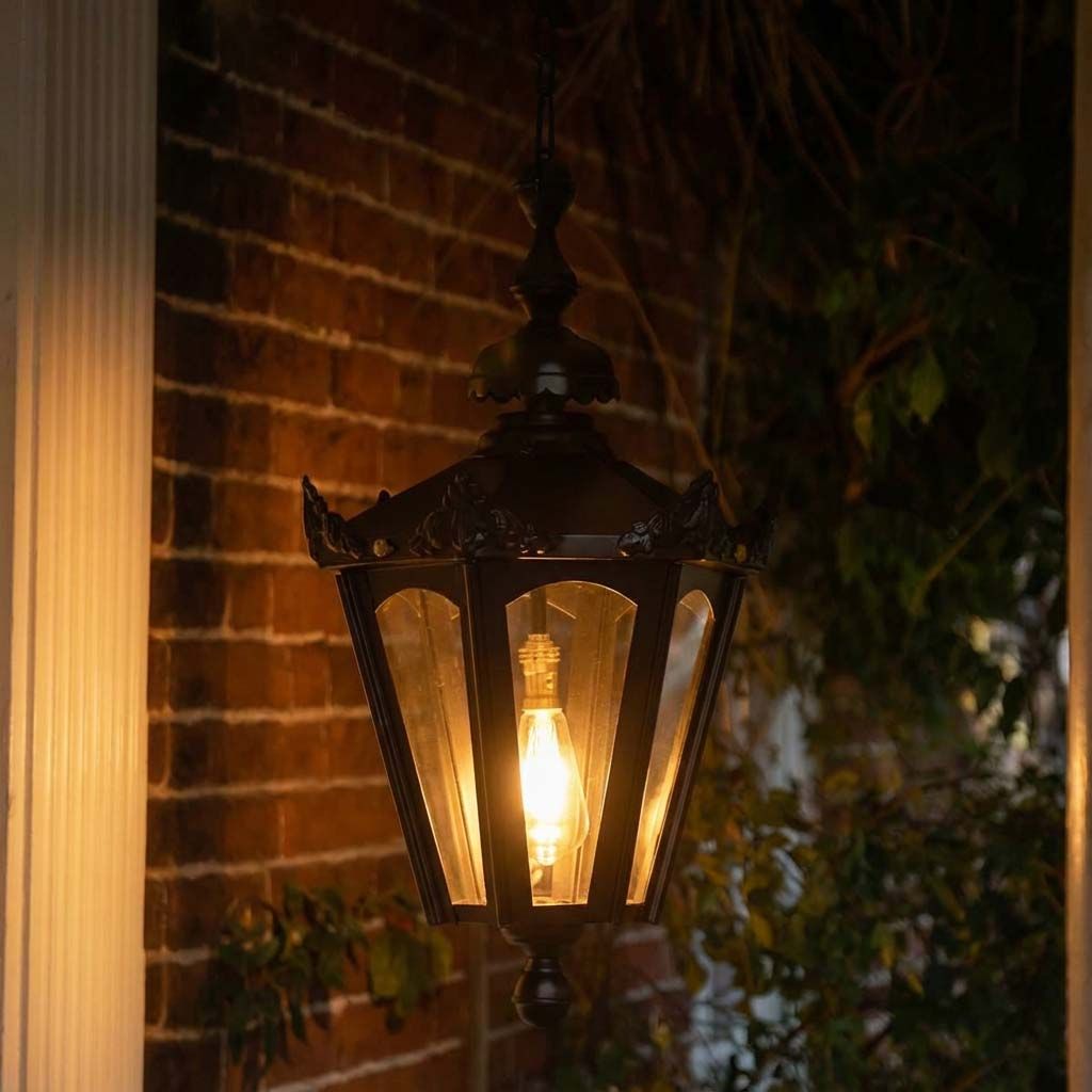 Digital Illustration of the Black Concordia Hexagonal Hanging Garden Lantern Illuminated at Night
