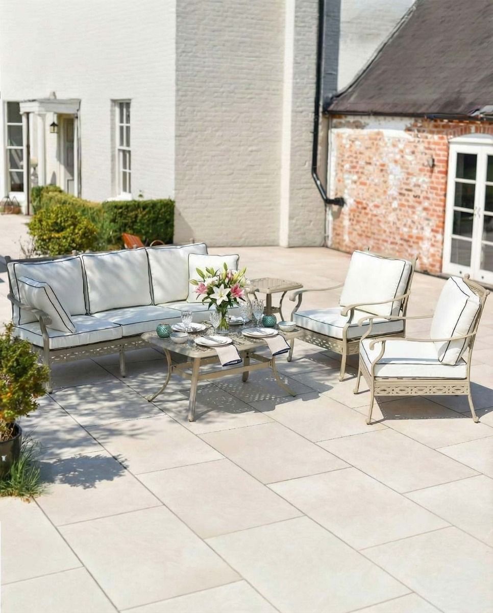 Digital Illustration of the Deluxe Champagne "Elmswood" Outdoor Five Seater Furniture Sofa Set Dressed For Dining