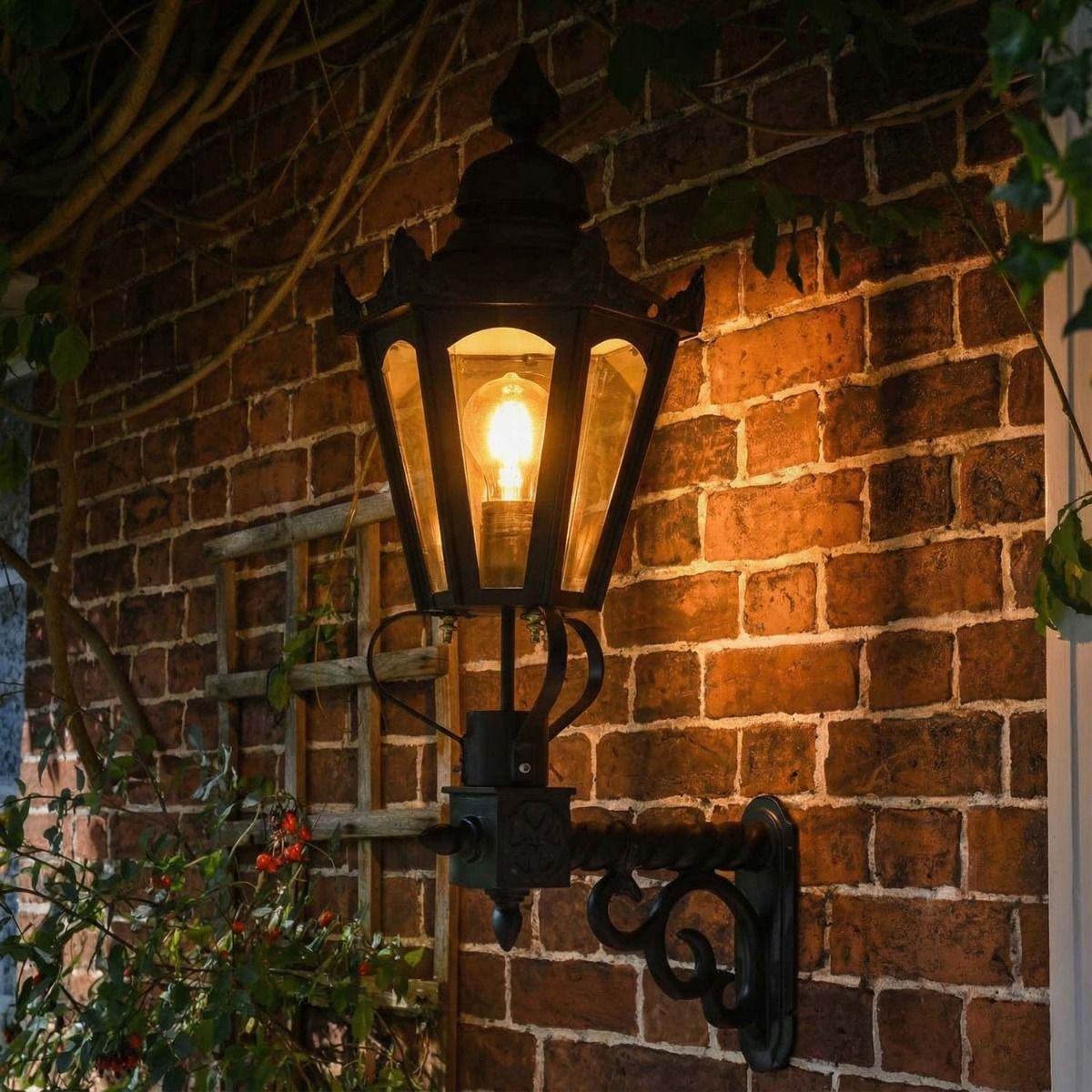 Digital Illustration of the Medium Black Concordia Hexagonal Lantern on Royale Bracket Illuminated at Night.