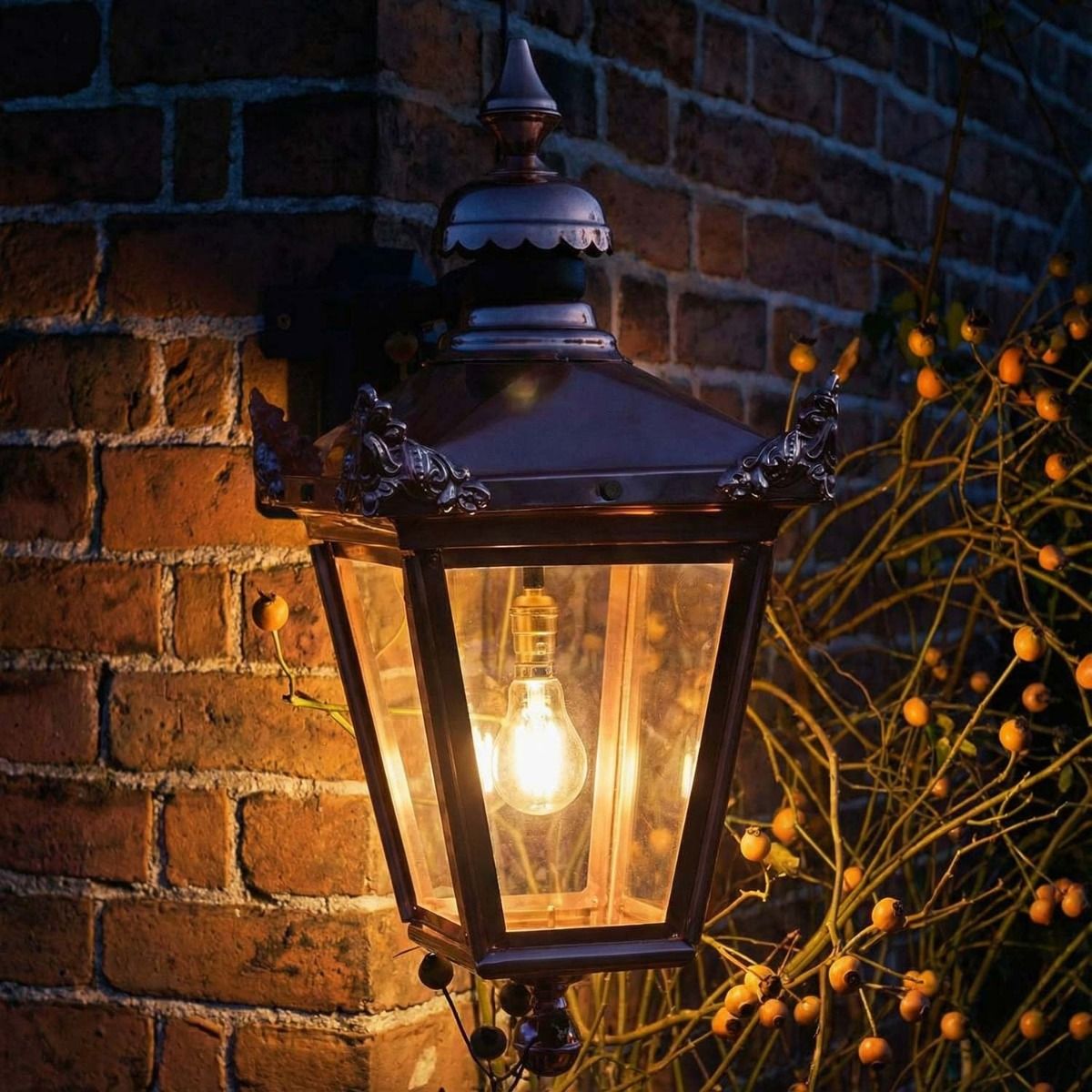 Digital Illustration of the Standard Copper Hanging Corner Wall Lantern Illuminated at Night