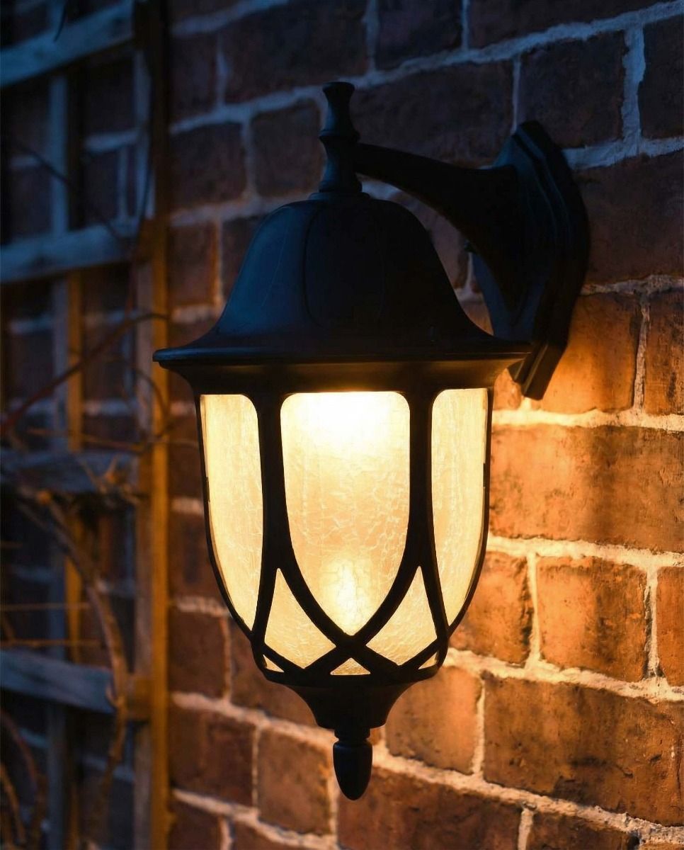 Digital Illustration of the Traditional "Icy Splendor" Frosted Glass Top Fix Outdoor Wall Lantern Illuminated at Night