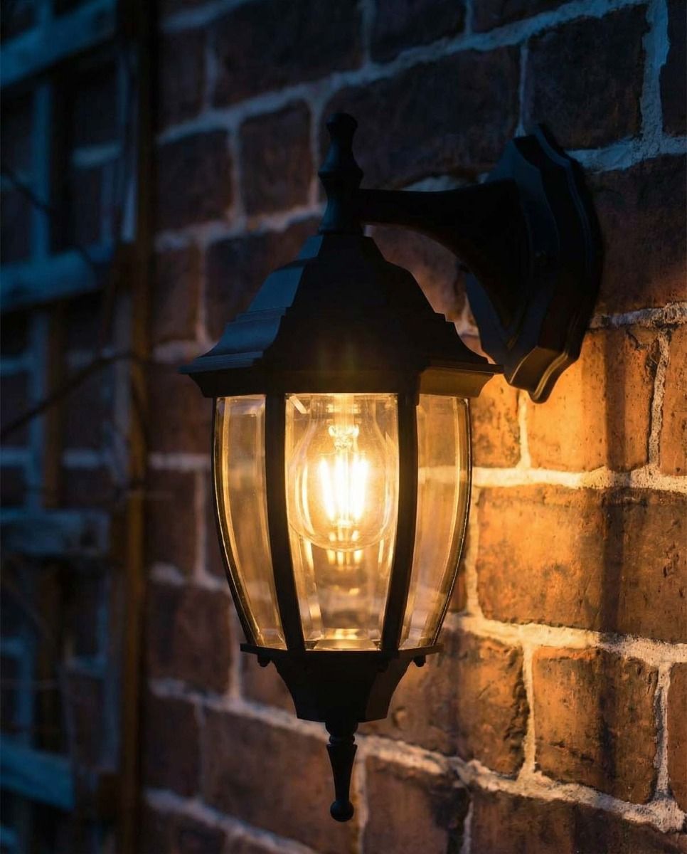 Digital Illustration of the Traditional Black "Clear Skies" Aluminium Victorian Top Fix Wall Lantern Illuminated at Night