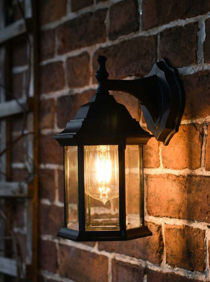 Digital Illustration of the Traditional Black "Hexagonal" Victorian Top-Fix Wall Lantern Illuminated at Night.