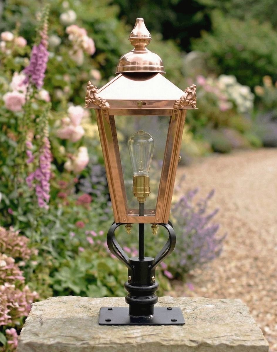 Digital Illustration of the 71cm Copper Victorian Pillar Light and Lantern Set Mounted on a Sunny Garden Pillar from a Front Facing Angle