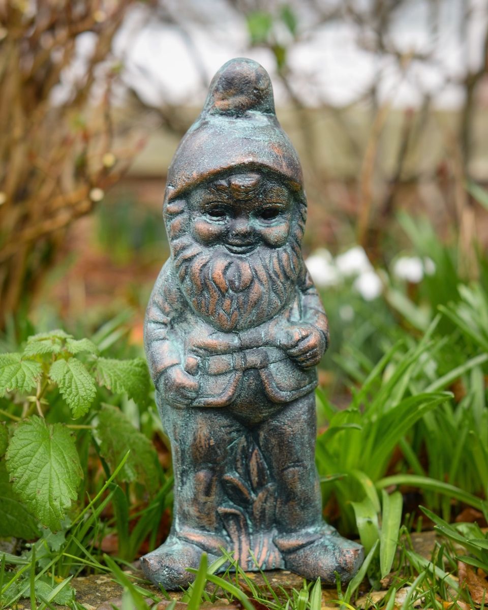 Digital illustation of ‘Podge’ the Small Garden Gnome in Cast Aluminium - Verdigris