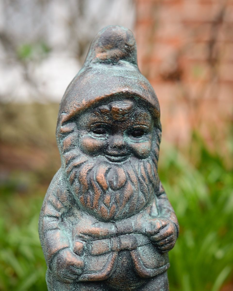 Digital illustation of ‘Podge’ the Small Garden Gnome in Cast Aluminium - Verdigris close up of body