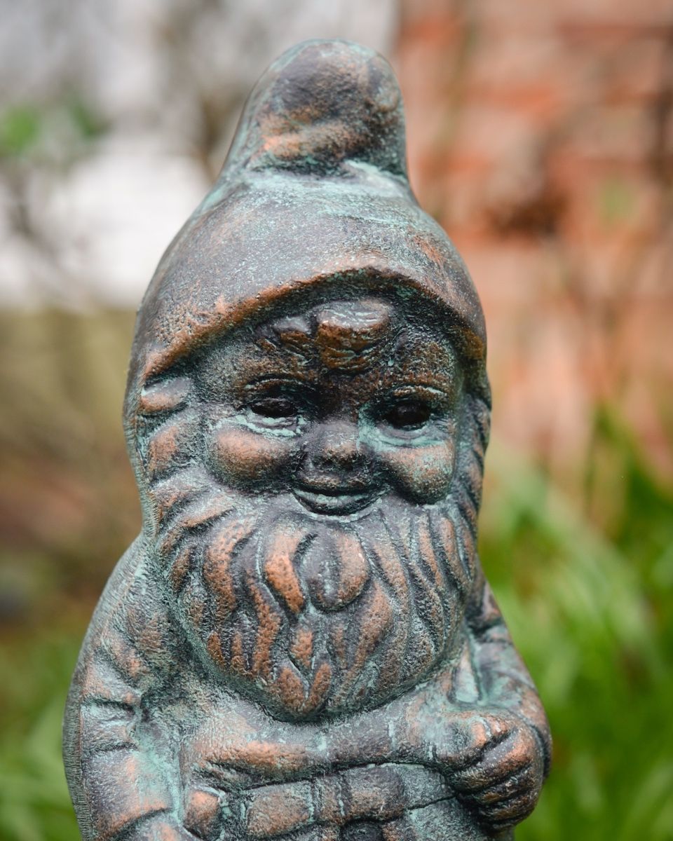 Digital illustation of ‘Podge’ the Small Garden Gnome in Cast Aluminium - Verdigris close up of head
