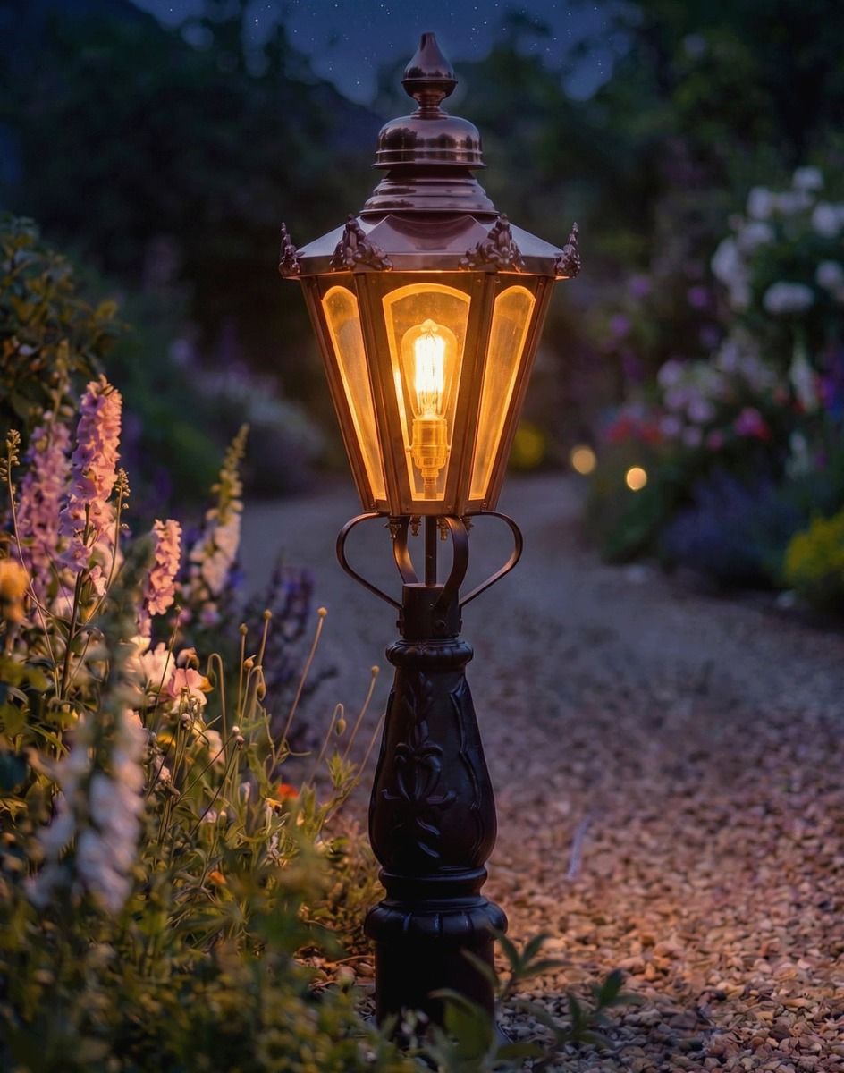 Digital Illustration 105cm Copper Concordia Patio or Driveway Lighting Positioned on a Flowery Gravel Driveway and Lit up at Night