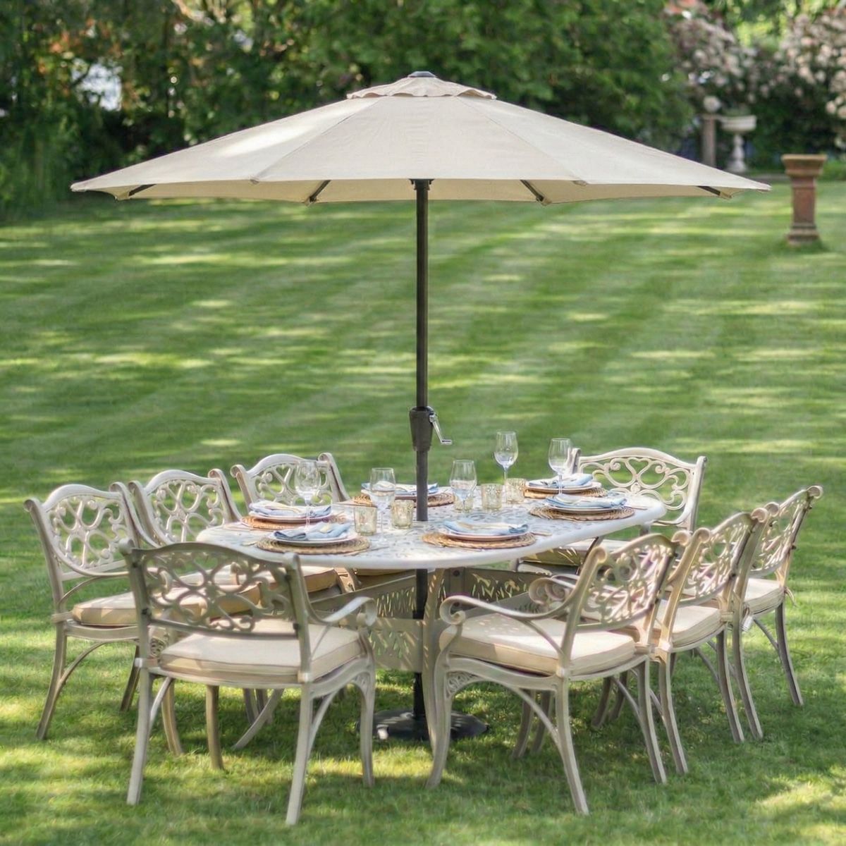 Digital Illustration Antique Champagne "Moreville" Eight Seater Garden Table & Chair Set Dressed for Dining with parasol
