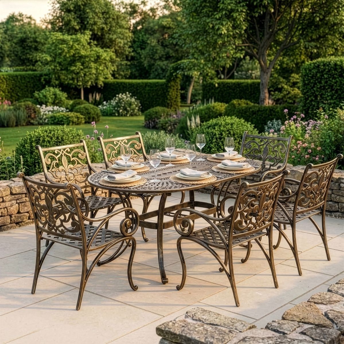 Digital Illustration "Fleur-de-Lys" Oval Garden Table & Chair Set Dressed For Dining