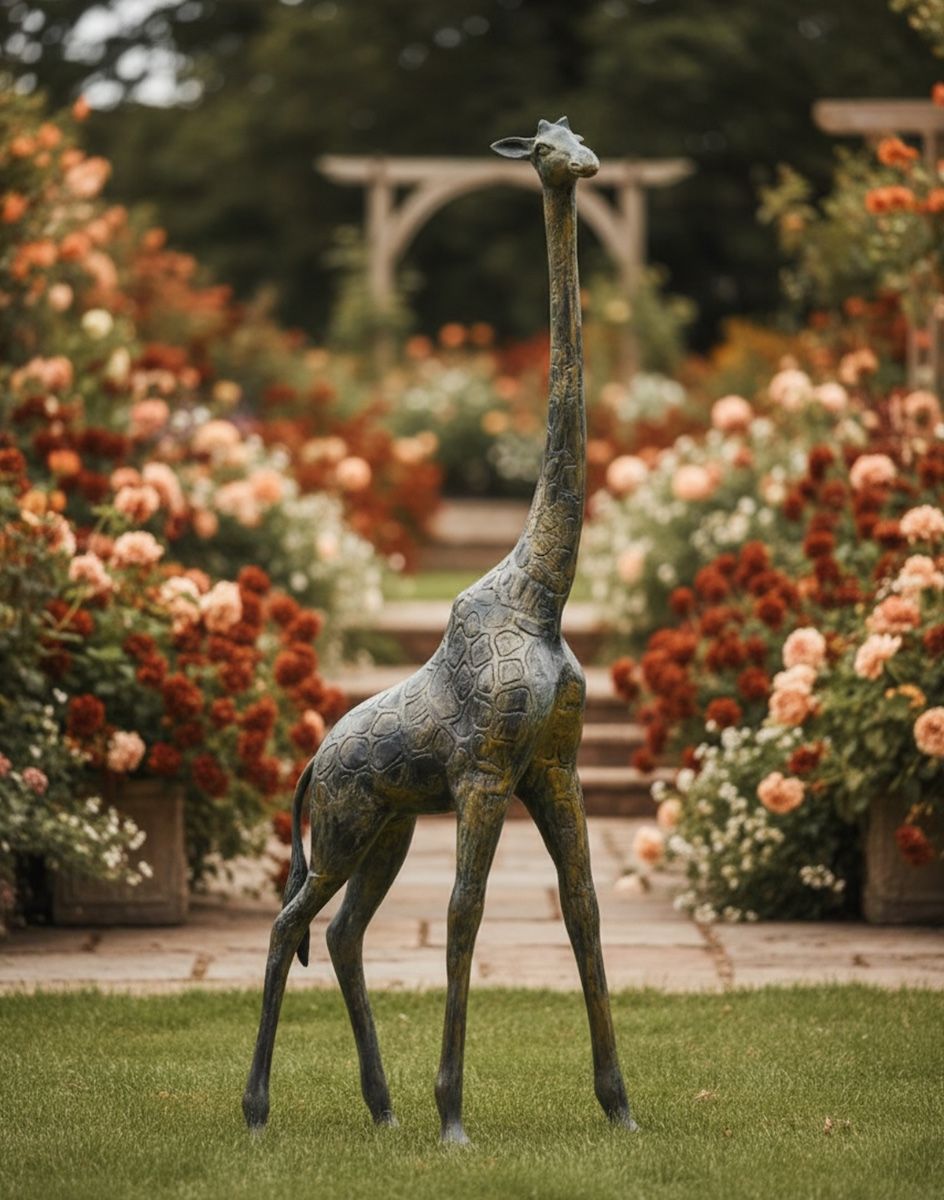 Digital Illustration of 122cm Recycled Cast Aluminium Brushed Gold Giraffe Sculpture in a Floral Garden
