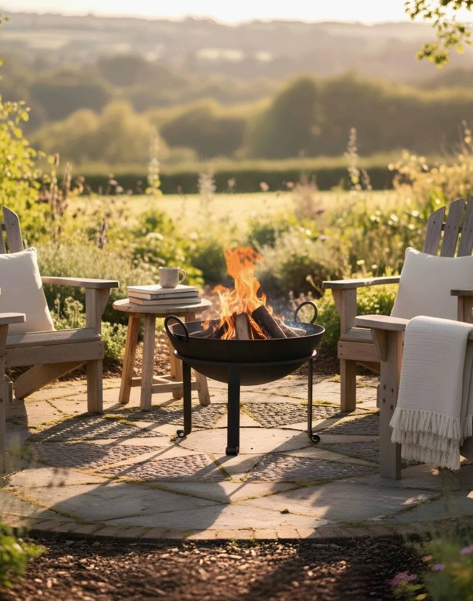 Digital Illustration of the "Agni" Iron Kadai Fire Bowl Lit in a Garden Overlooking the Countryside