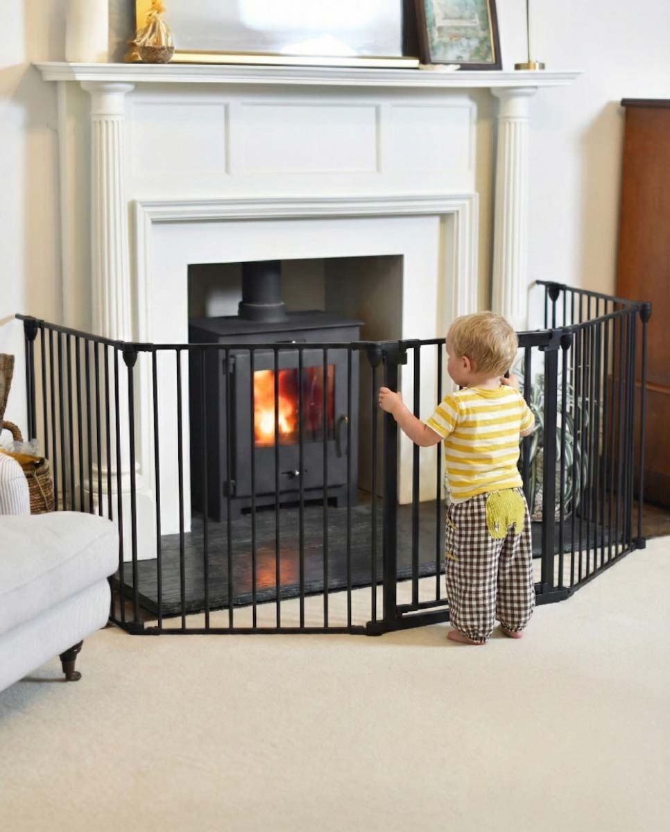 Digital illustration of "BabyPro" Black Five Panel Child Safety Fire Guard with child stood in front of fireguard