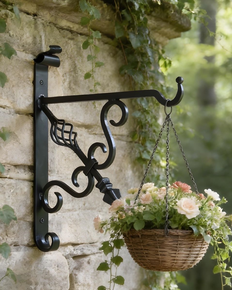 Digital illustration of "Cupid"s Arrow" Blacksmith Iron Hanging Bracket mounted on forest wall