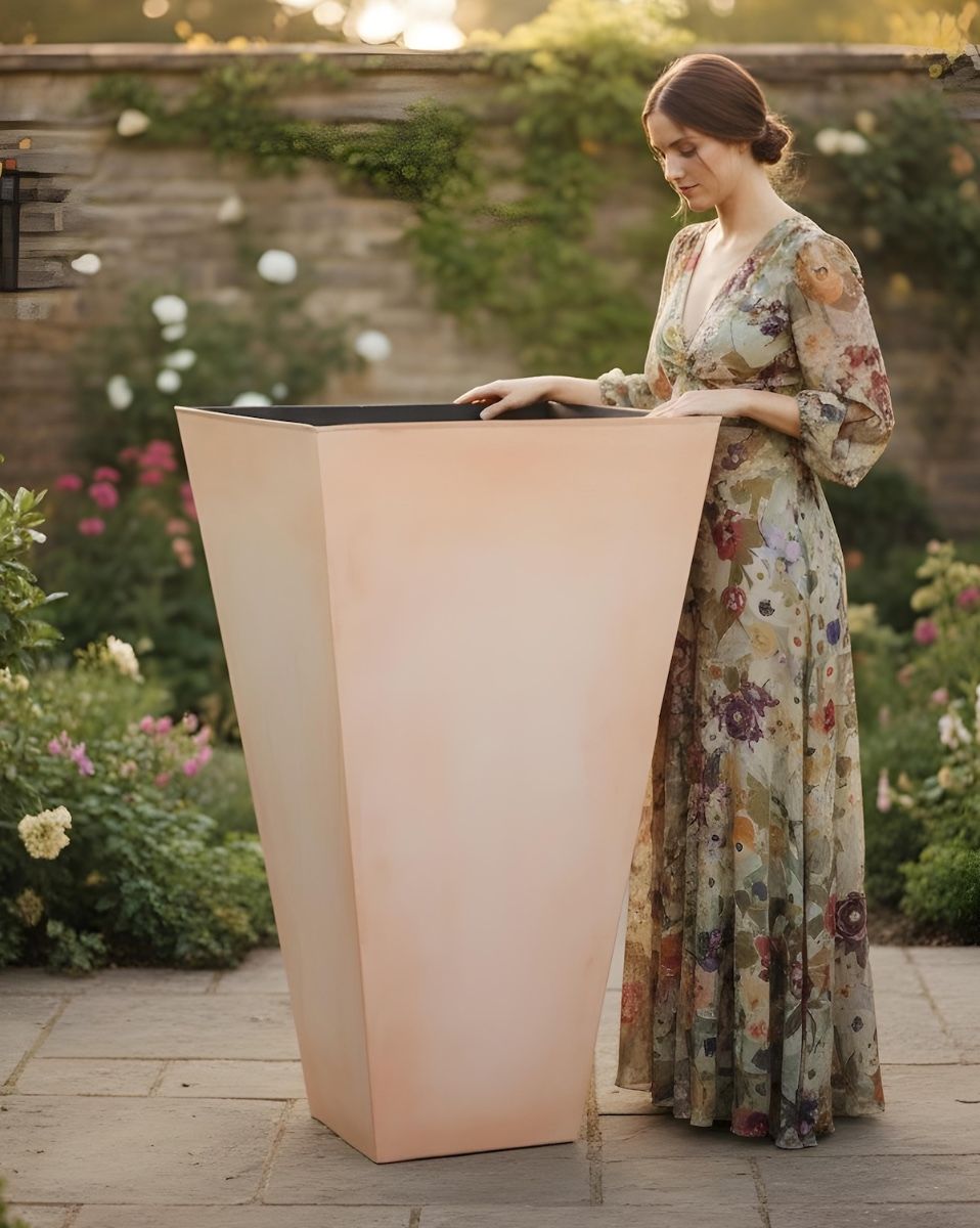Digital illustration of "Evermore Avenue" Giant Square Urn in walled garden with lady in flowery dress looking over it