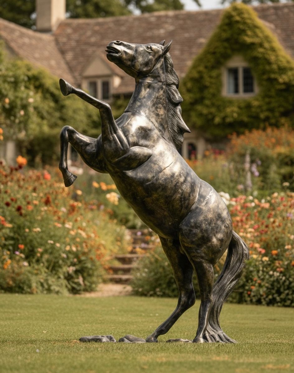 Digital illustration of "Fargo" Rearing Horse Sculpture in a garden