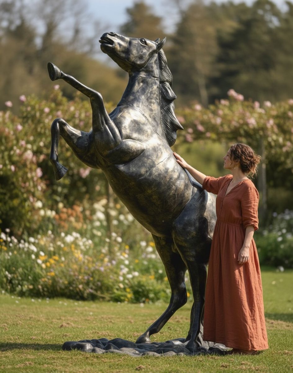 Digital illustration of "Fargo" Rearing Horse Sculpture with lady in shot for scale
