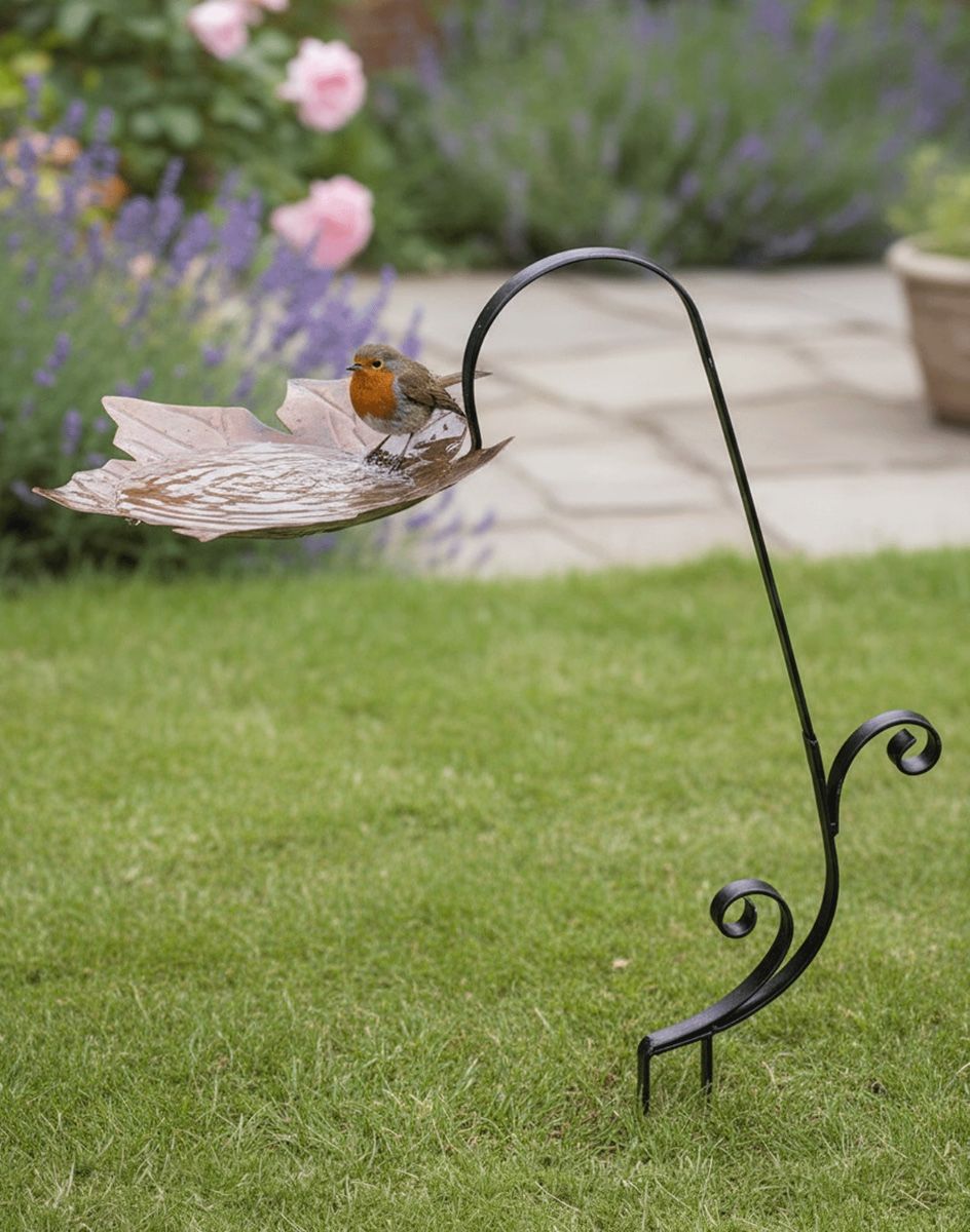 Digital Illustration of "Forever Autumn" Leaf Design Bird Bath Feeder Mounted on a Garden Lawn Filled with Fresh Water with a Robin Perched on it