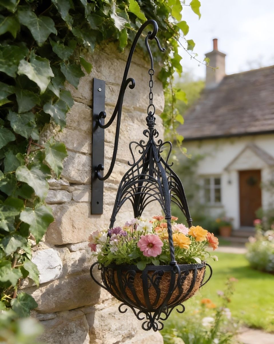 Digital illustration of "Loredale Manor" Black Ornate Hanging Basket in front of stone cottage