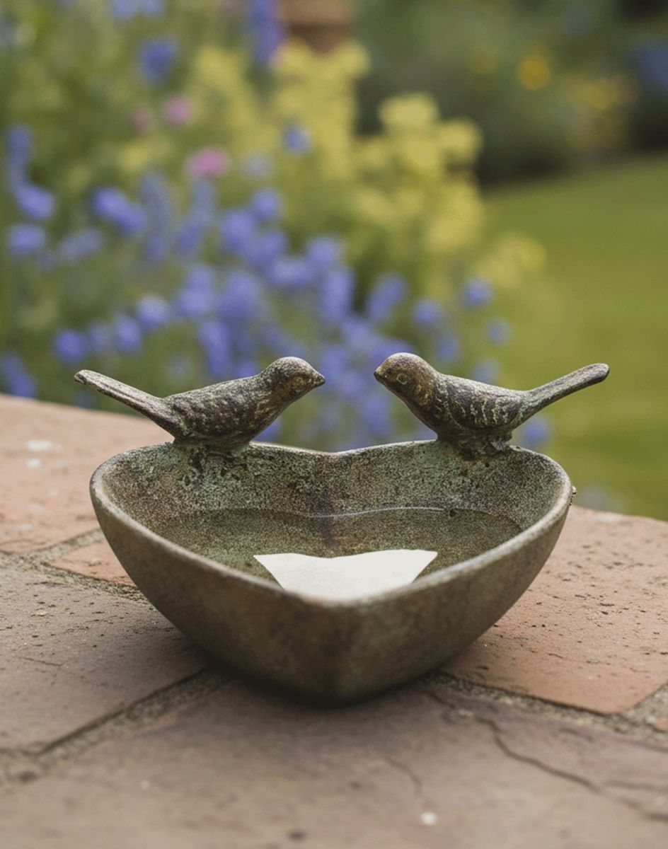 Digital Illustration of "Lovebirds" Heart-Shaped Rustic Bird Bath Positioned on a Garden Wall