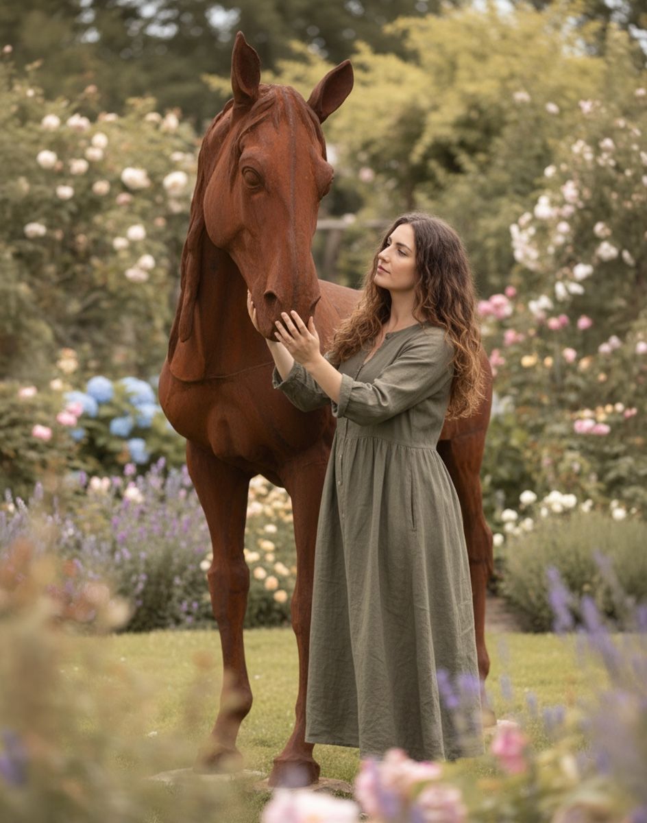 Digital illustration of "Marenco Ranch" Lifesize Cast Iron Horse Sculpture with lady stood next to sculpture for scale