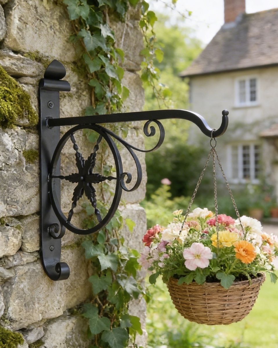 Digital illustration of "Northern Star" Hanging Basket Bracket mounted in a countryside garden