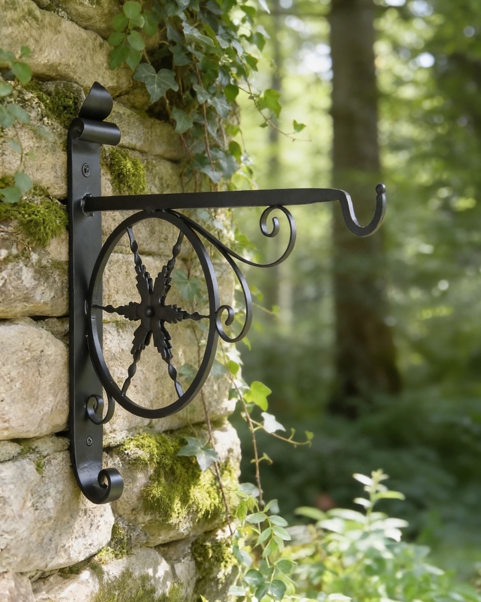 Digital illustration of "Northern Star" Hanging Basket Bracket mounted in a forest garden