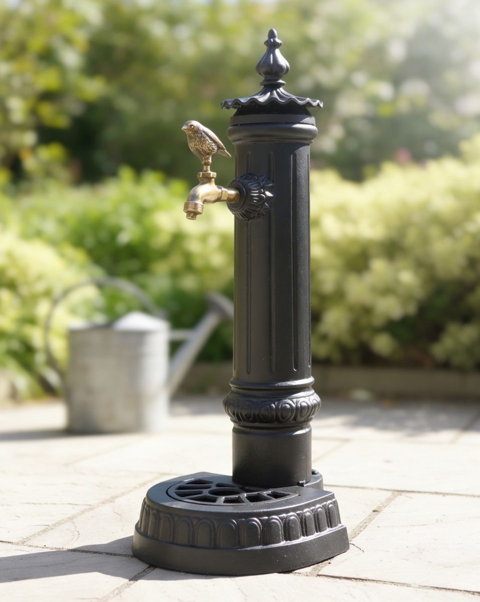 Digital illustration of "Pemberley" Garden Faucet or Tap stand on sunny garden patio