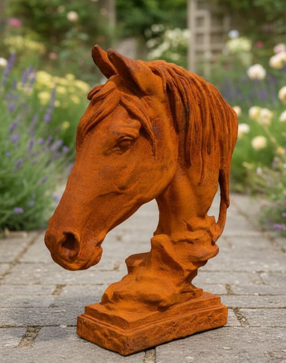 Digital illustration of the "Penlingworth" Horse Bust in Rustic Finish on a garden patio