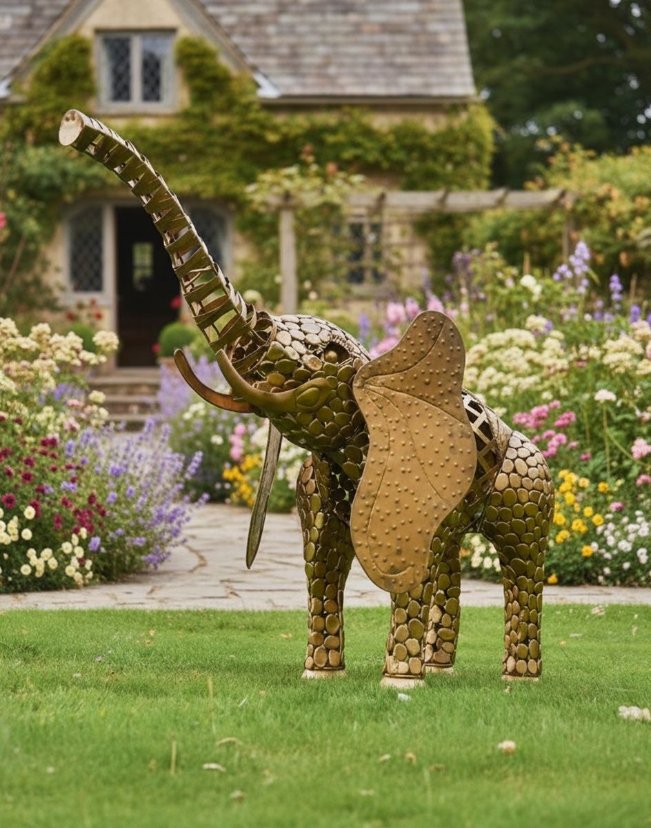 Digital Illustration of "Sambaku" Gold Garden Elephant Sculpture - Looking Up in Front of a Cottage Garden