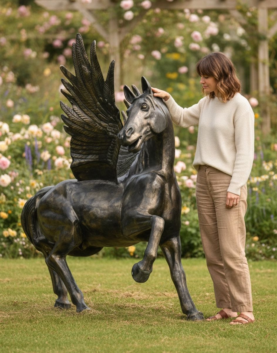Digital illustration of "Starlite" Pegasus Sculpture with lady stood next to sculpture for scale