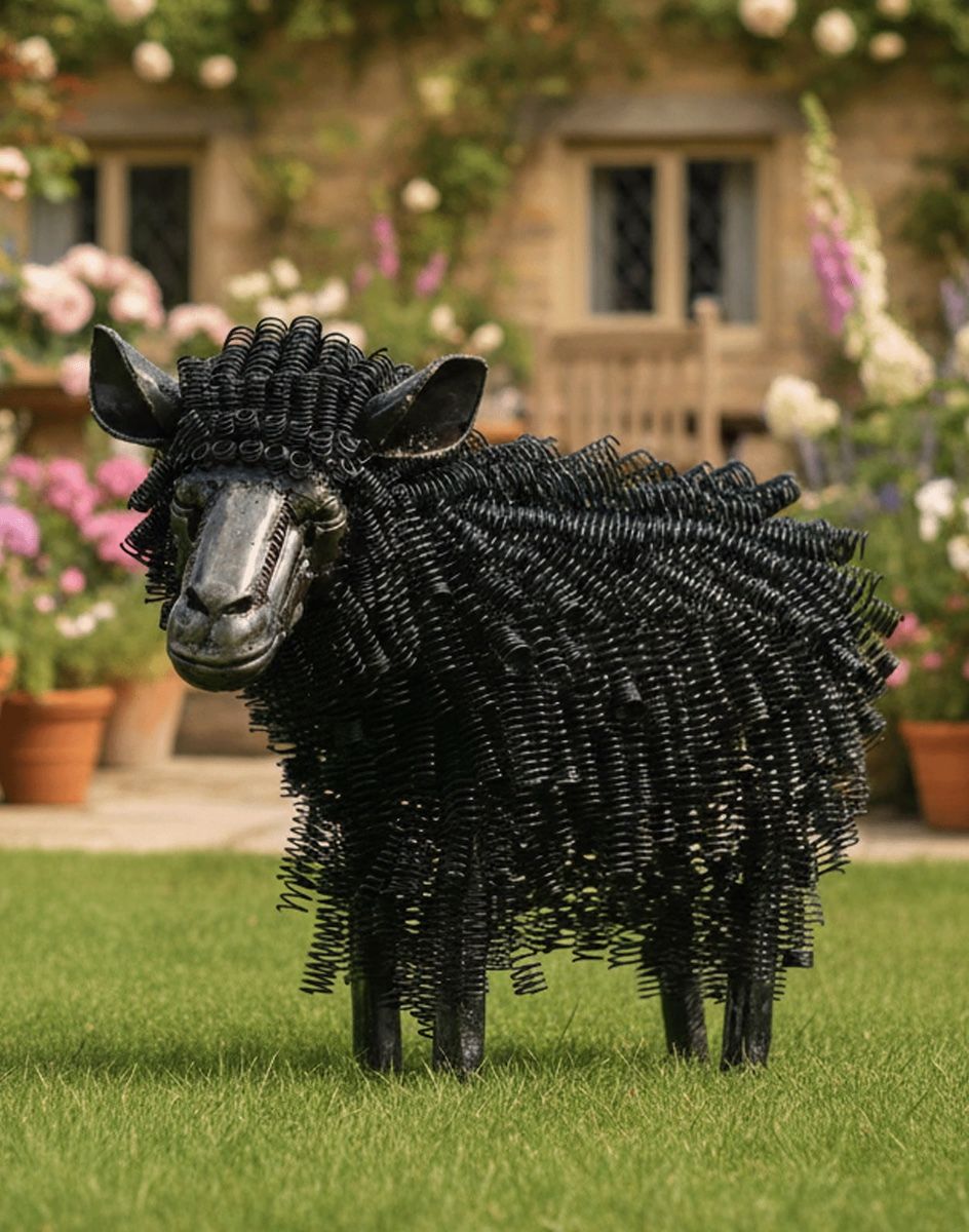 Digital Illustration of a Black version of Twisted Metal Sheep Garden Sculpture in Front of a Countryside Cottage