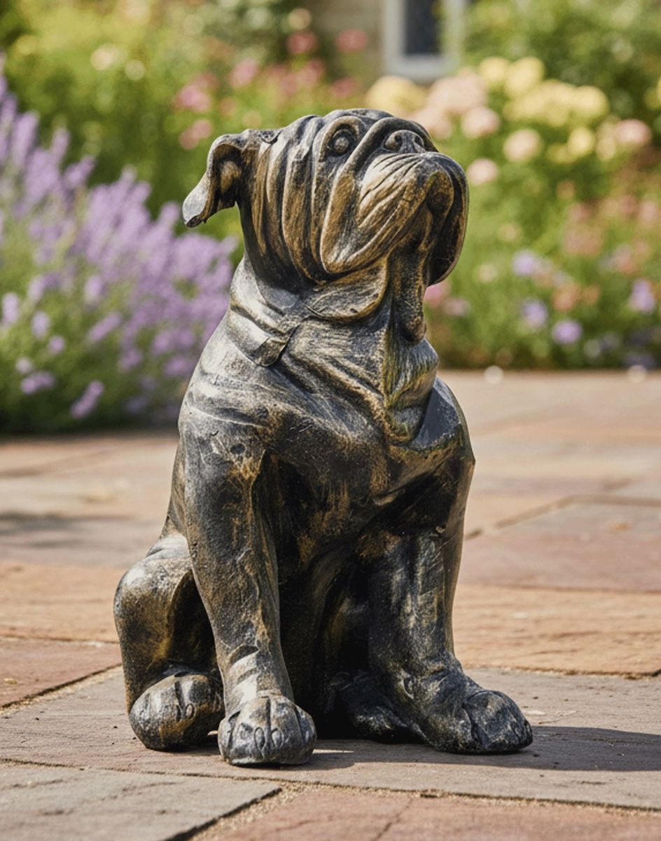 Digital Illustration of a Brushed Gold Bulldog Sculpture on a Garden Patio with Lavender in the Background