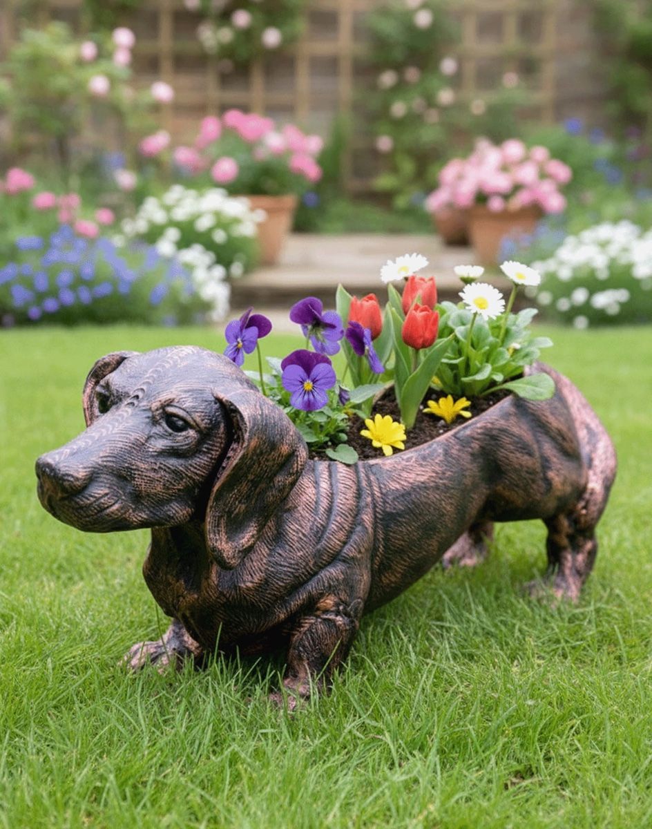 Digital Illustration of a Copper Version of "Digby" the Sausage Dog Cast Aluminium Planter with Tulips and Pansies in the Planter