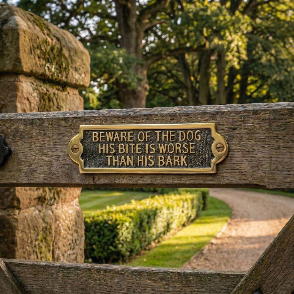 Digital Illustration of a Gate Sign with the Message of Beware of the Dog his Bite is Worse than his Bark Placed on a Driveway Gate