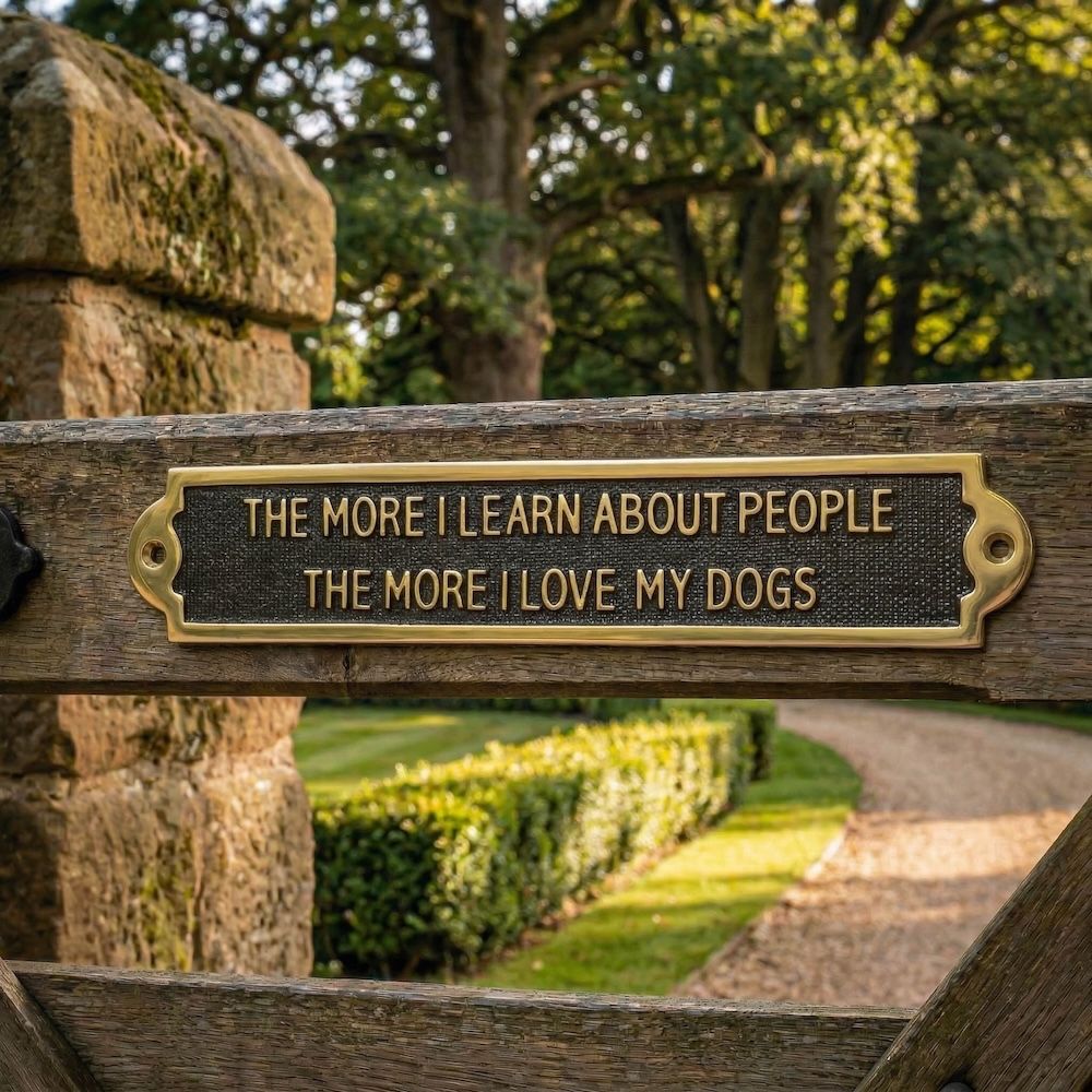 Digital Illustration of a Gate Sign with the Message The more I Learn About People The More I Love my Dogs Placed on a Driveway Gate