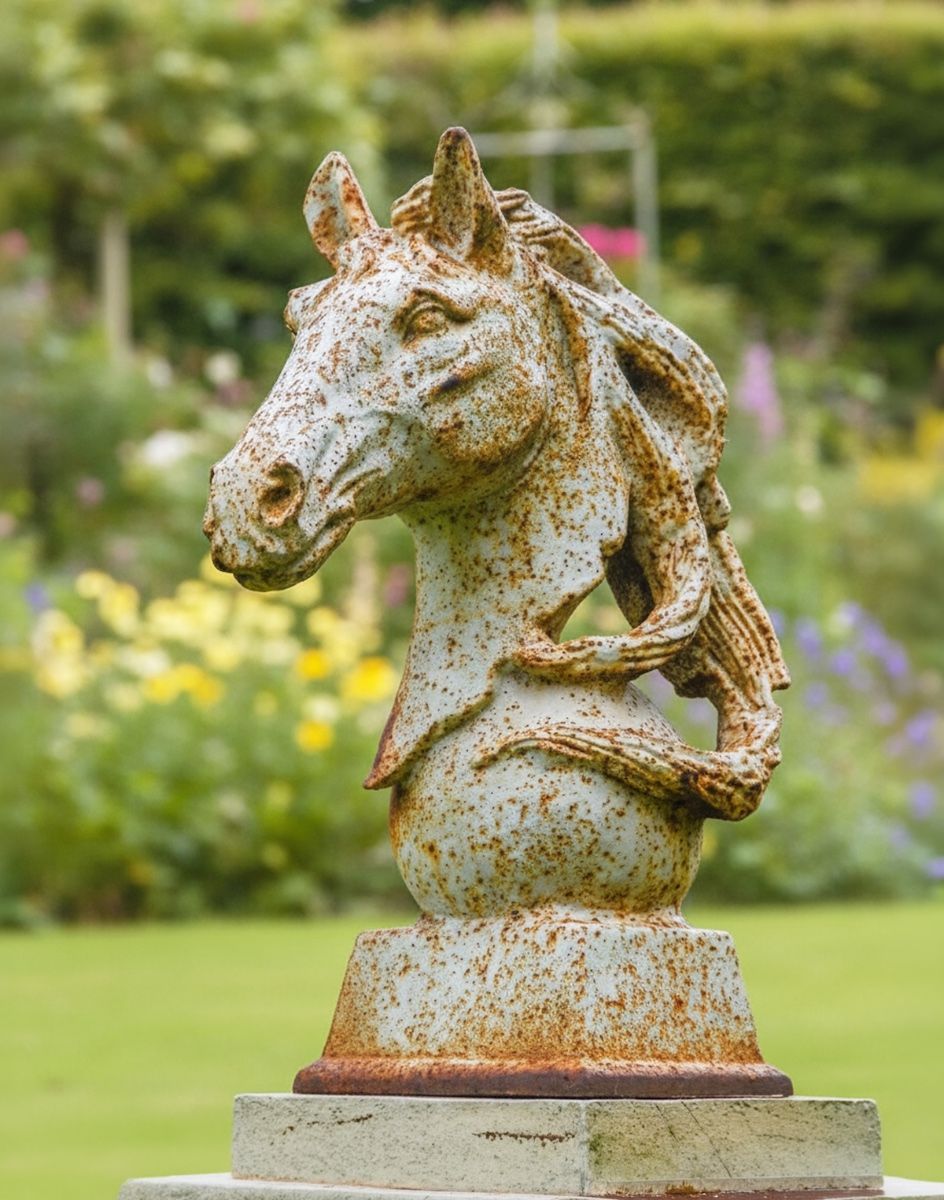 Digital illustration of the Aged Cream Cast Iron Horse Head Bust in a country garden