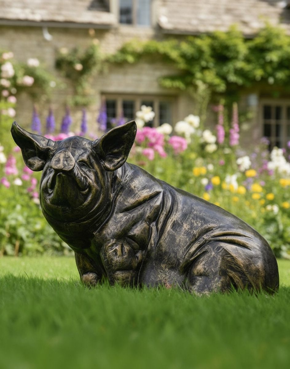 Digital illustration of an Antique Brushed Gold Sitting Pig Sculpture in garden looking at its side