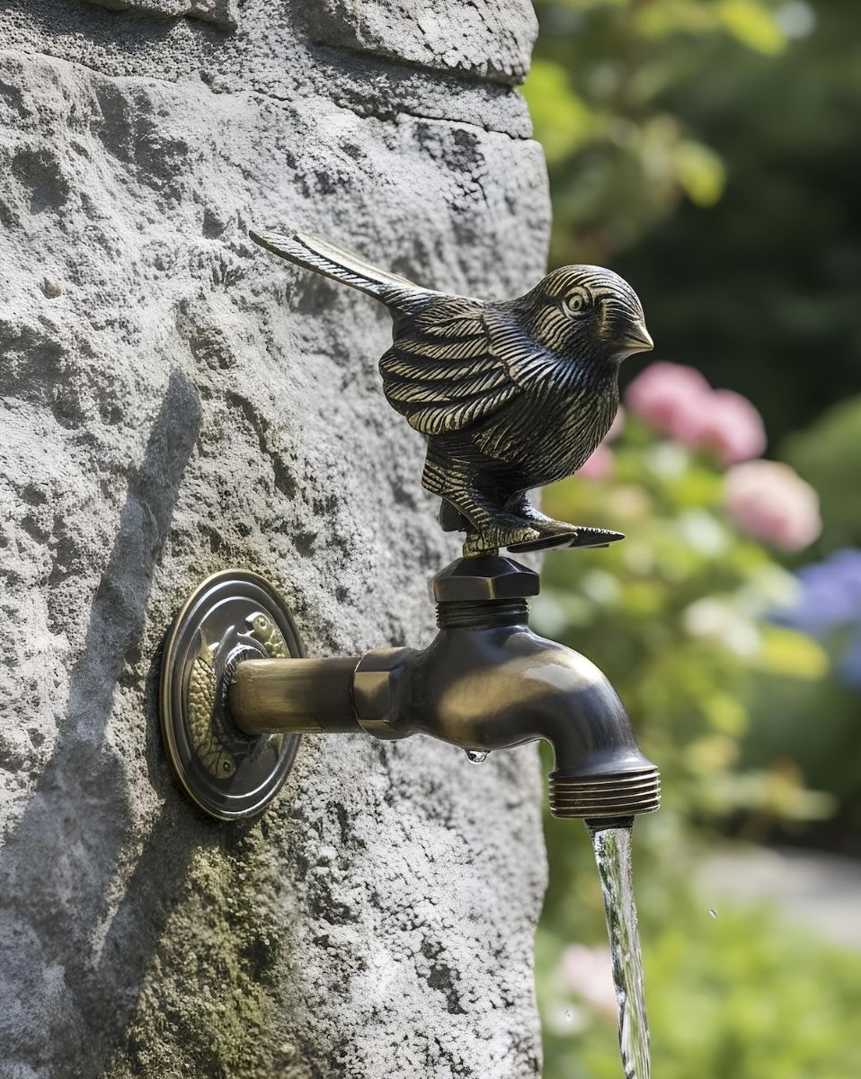 Digital illustration of Antique Finish Robin Garden Tap mounted on stone brickwork in a sunny garden scene
