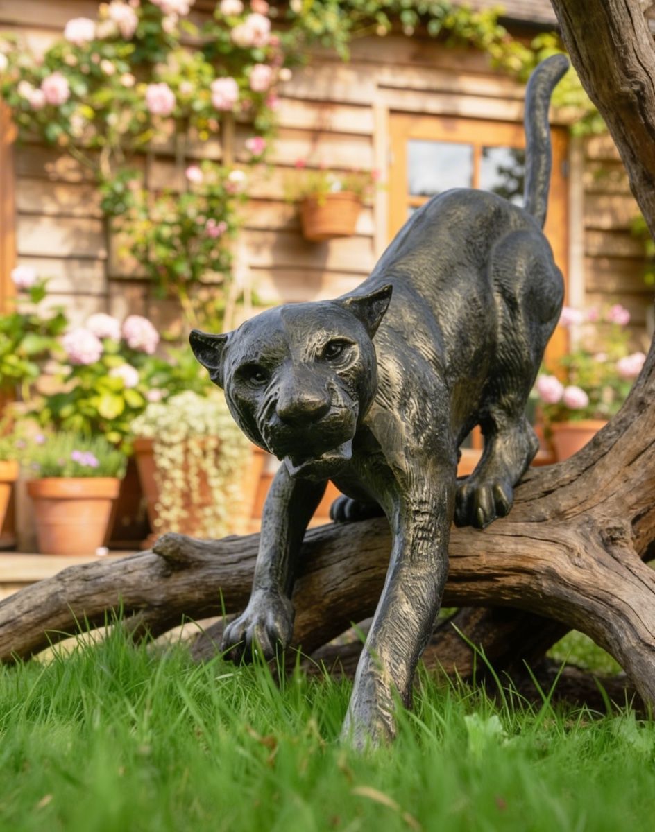 Digital Illustration of Antique Gold Cougar Sculpture in a Garden on a Branch