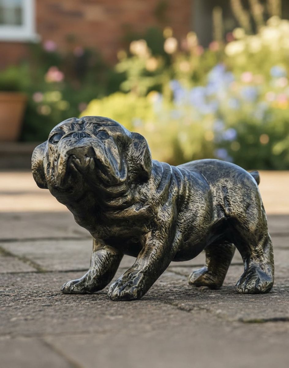 Digital Illustration of Antique Gold Pug Standing Sculpture on a Garden Path