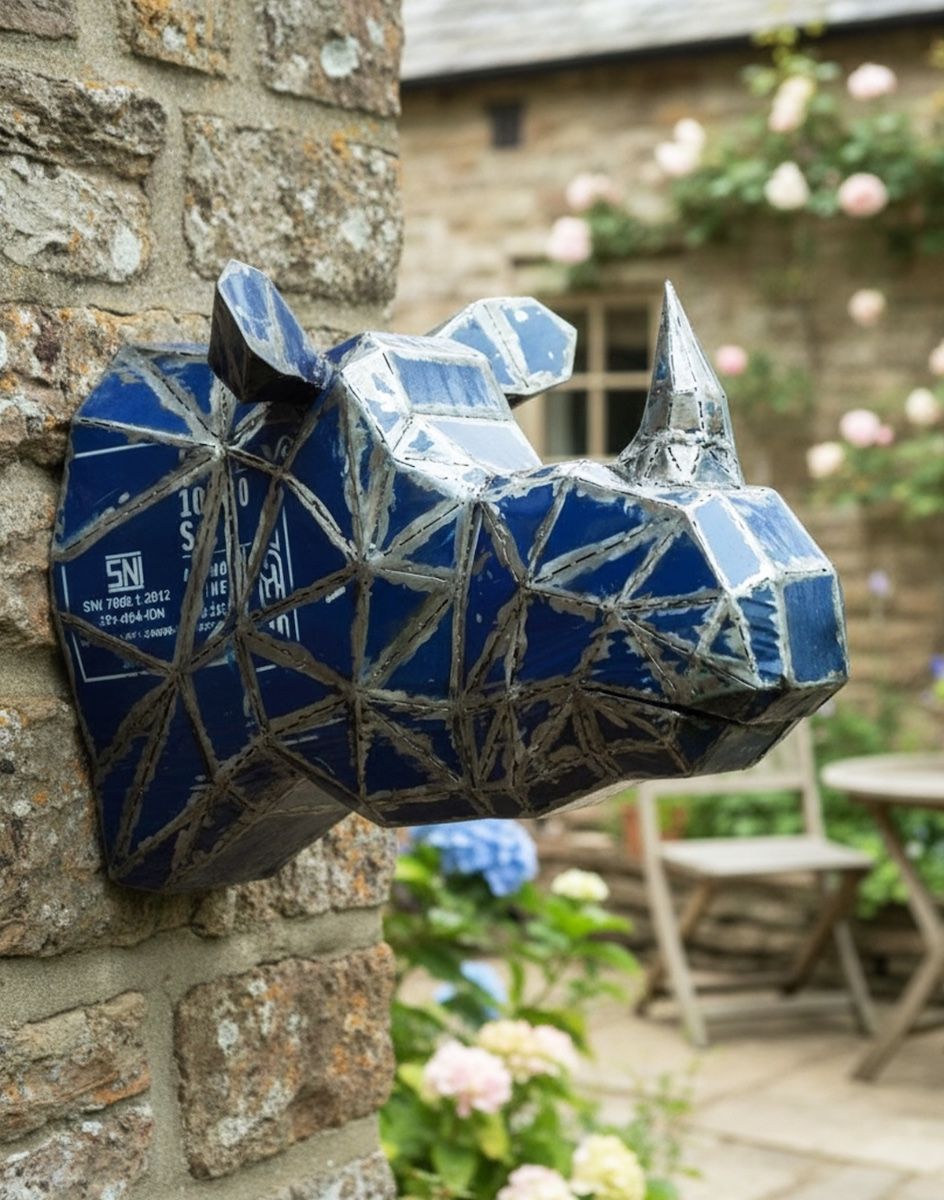 Digital Illustration of ‘Azure’ the Rhino Head Mount Wall Art on a Cottage Stone Wall