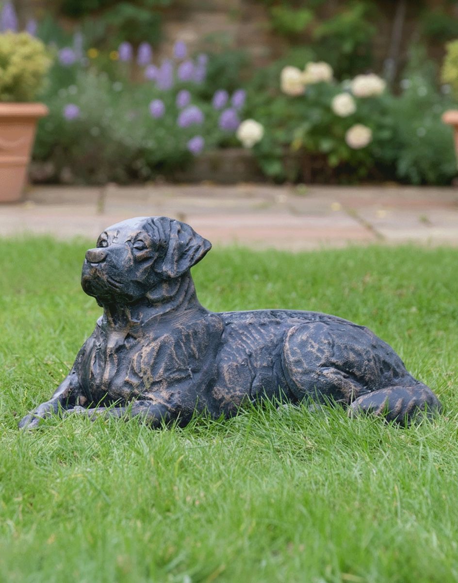 Digital Illustration of "Barney" the Labrador Cast Iron Garden Sculpture on a Grass Lawn in Front of a Patio