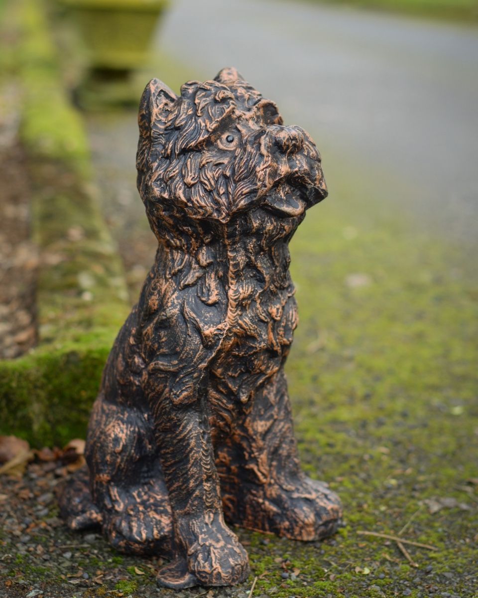 Digital Illustration of Copper Version of ‘Baxter’ the Yorkshire Terrier Garden Sculpture in Cast Aluminium with a Shot from an Angled Perspective